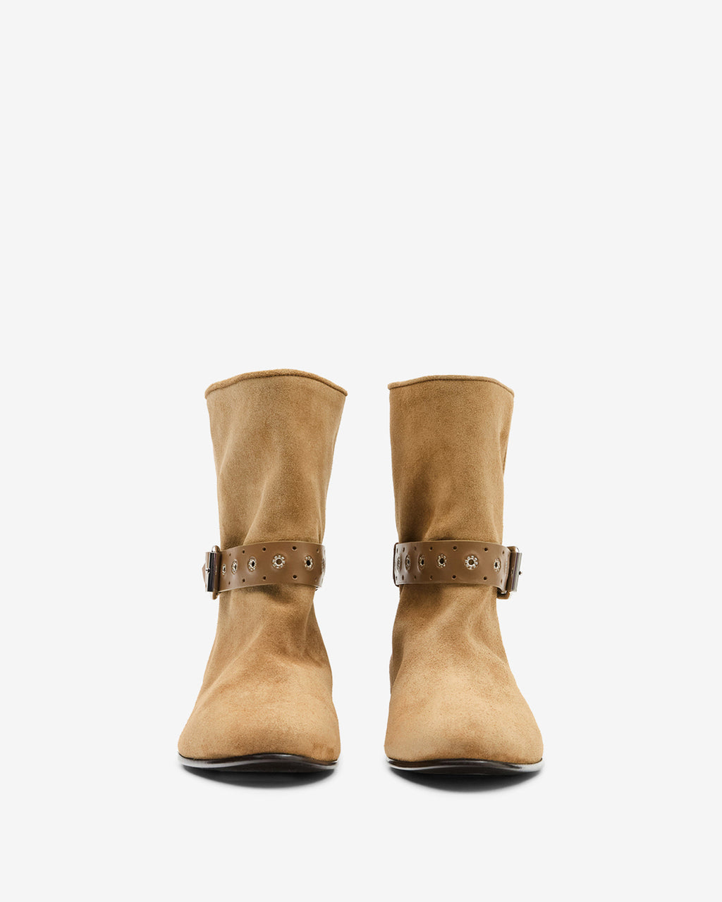 Bottines Reena d'Isabel Marant en daim taupe, avec bride de cheville cloutée à œillets étoile et boucle