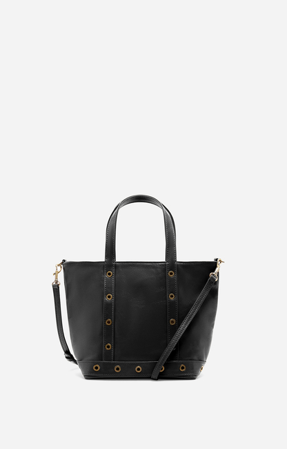 Petit cabas Vanessa Bruno en cuir craquelé noir avec oeillets métalliques dorés, double anse et bandoulière amovible