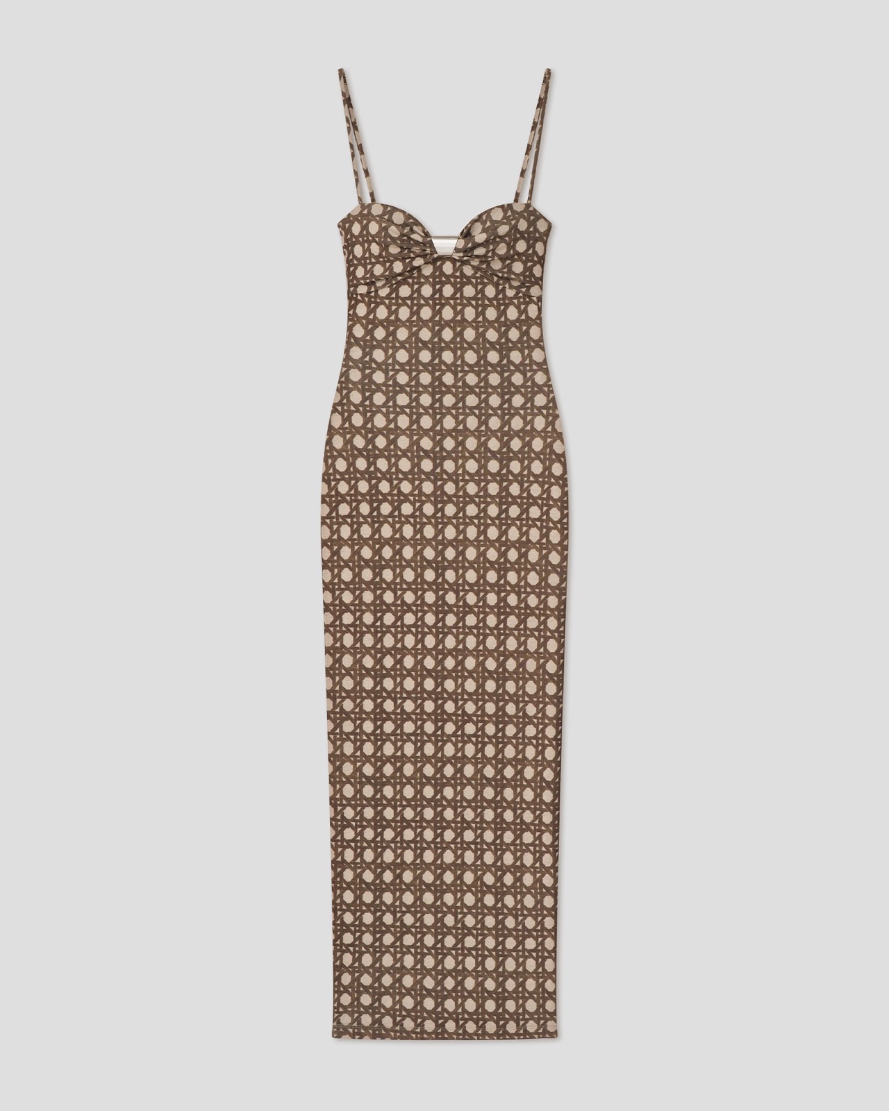 Robe midi Erandi de Nanushka, bustier drapé et imprimé cannage rotin beige sur fond brun