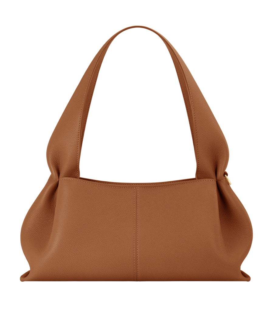 Sac Numéro Neuf East-West de Polène en cuir grainé camel, porté épaule, fermeture zippée