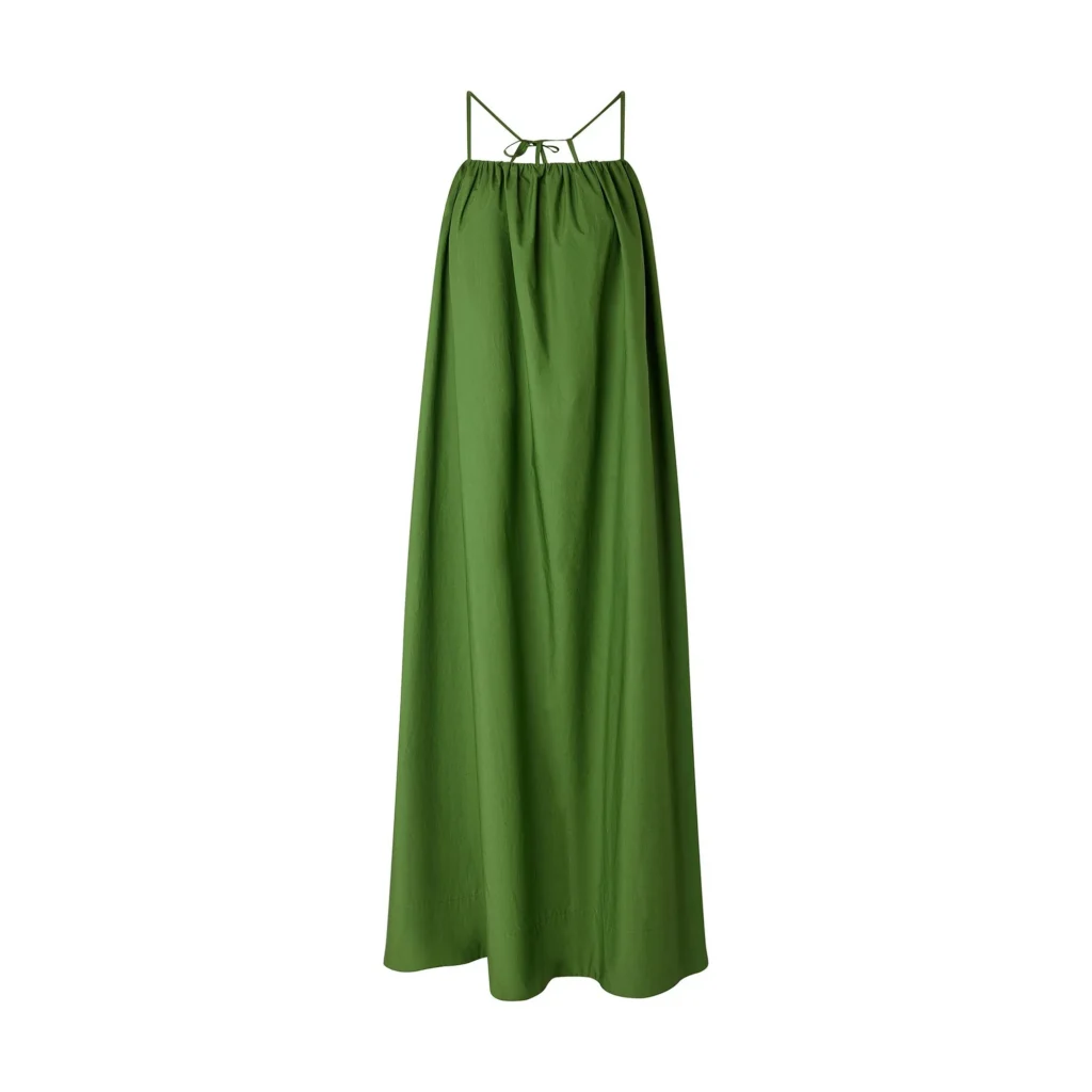 Robe longue Arielle de Soeur en popeline de coton verte, coupe ample et encolure froncee a fines bretelles