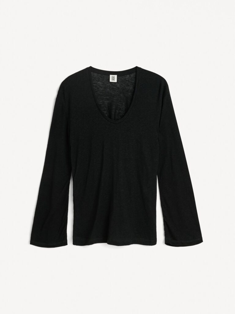 Top Amalou noir à manches longues en lin et Lyocell, encolure arrondie basse, By Malene Birger