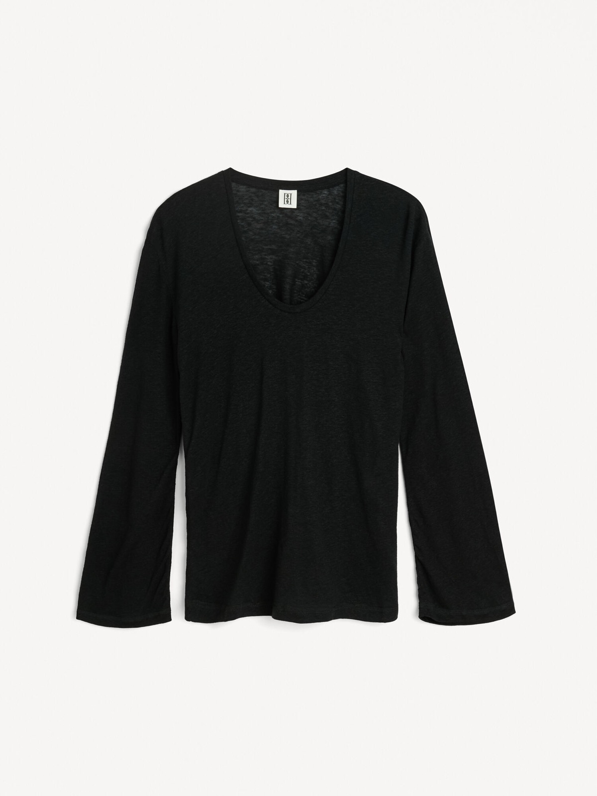 Top Amalou noir à manches longues en lin et Lyocell, encolure arrondie basse, By Malene Birger