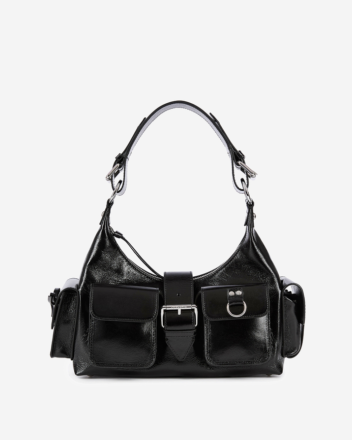 Sac Amelia de The Kooples en cuir craquelé noir, anse d'épaule et poches à rabat façon cargo