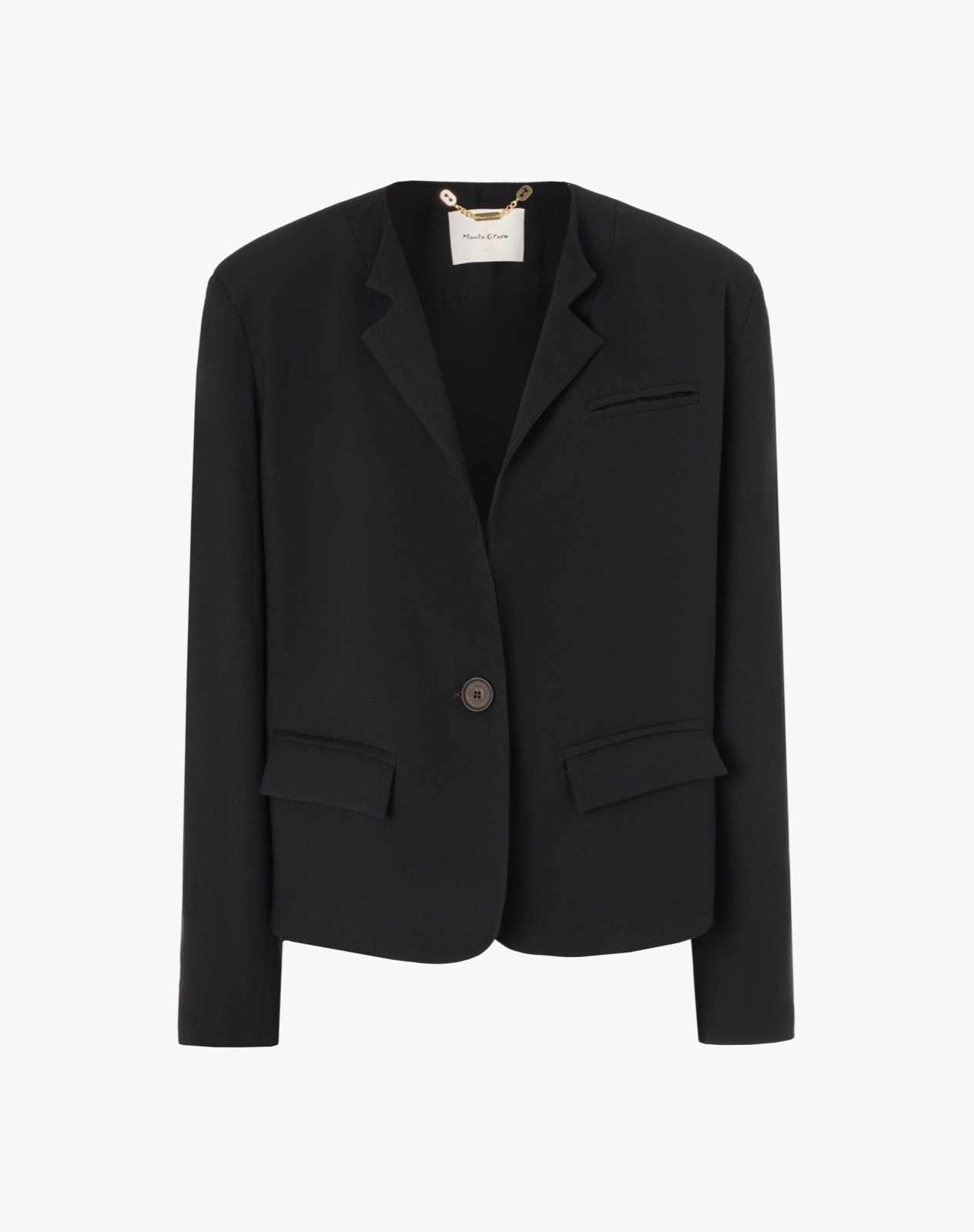 Blazer cropped noir Manila Grace, devant de tailleur boutonnage simple et col cranté, sur fond blanc