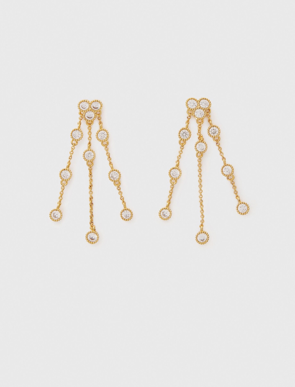 Boucles d'oreilles pendantes Maje en laiton doré, trois chaînes fines ornées de strass argentés