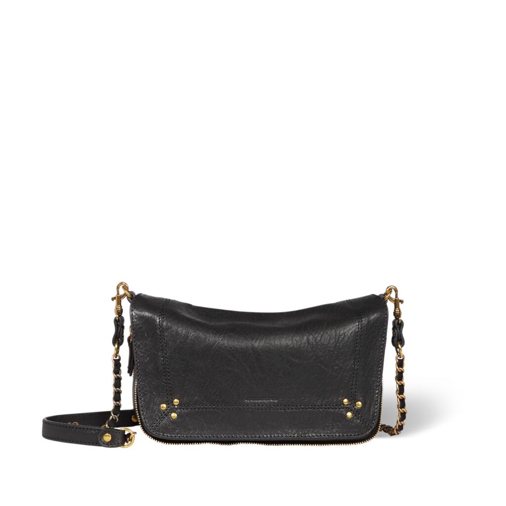 Sac Bobi S de Jérôme Dreyfuss en cuir de chèvre noir froissé, avec clous dorés et bandoulière en chaîne tressée de cuir