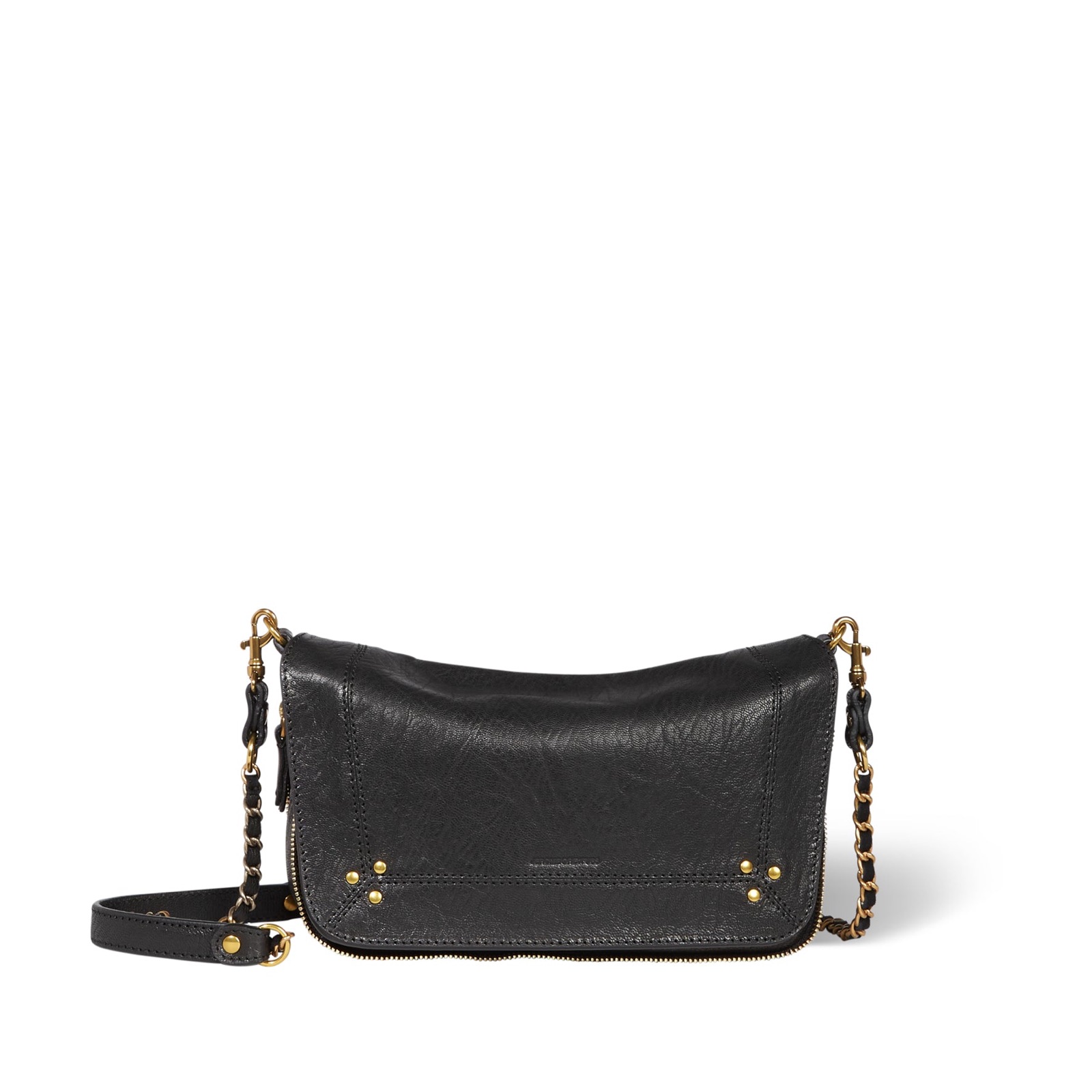 Sac Bobi S de Jérôme Dreyfuss en cuir de chèvre noir froissé, avec clous dorés et bandoulière en chaîne tressée de cuir