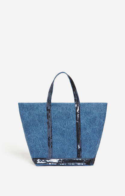 Cabas M en lin indigo de Vanessa Bruno, avec sequins sur les anses et le bas
