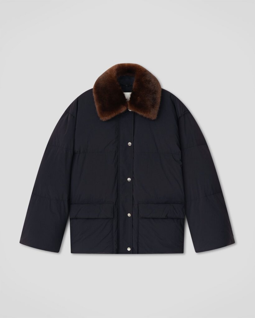 Veste Camey de Nanushka en nylon matelassé noir avec col de fausse fourrure brune détachable