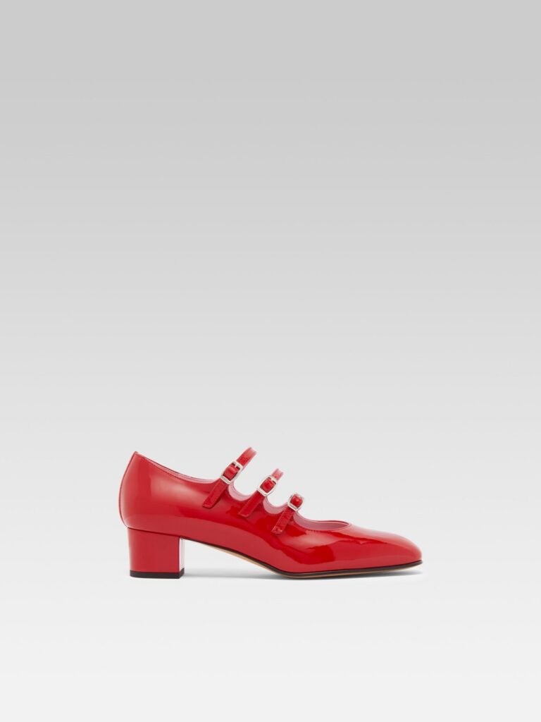 Babies Kina de Carel en cuir verni rouge, trois brides et talon trotteur de 4 cm