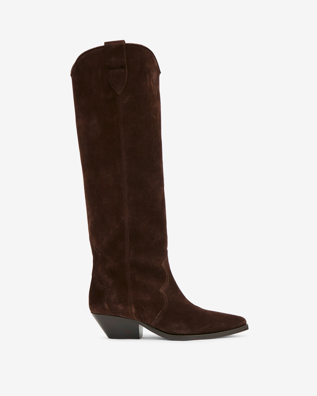 Botte santiag montante Denvee d'Isabel Marant en cuir de veau velours chocolat, bout pointu et talon cubain