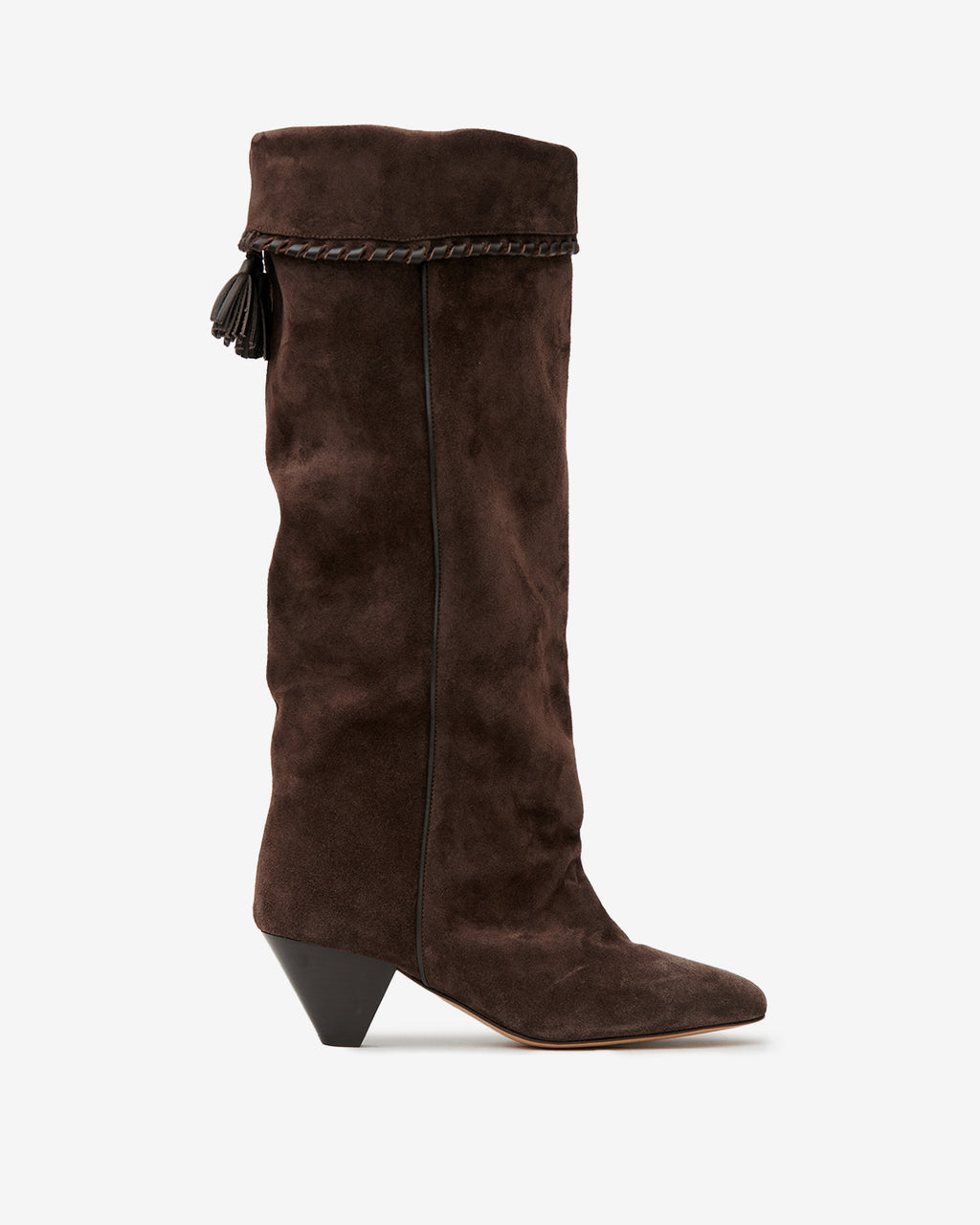 Botte haute Elita en daim chocolat d'Isabel Marant, revers tressé à pompons de cuir et talon conique