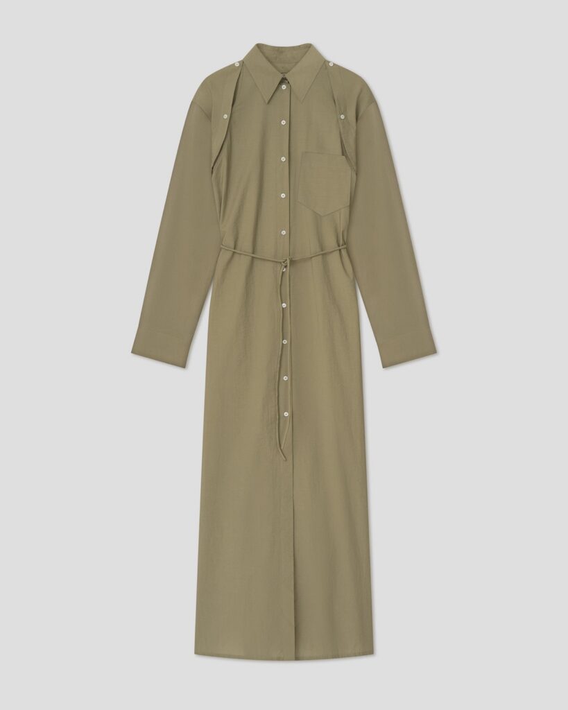 Robe-chemise maxi Erisha de Nanushka en popeline vert mousse, boutonnage complet et cordelette a la taille
