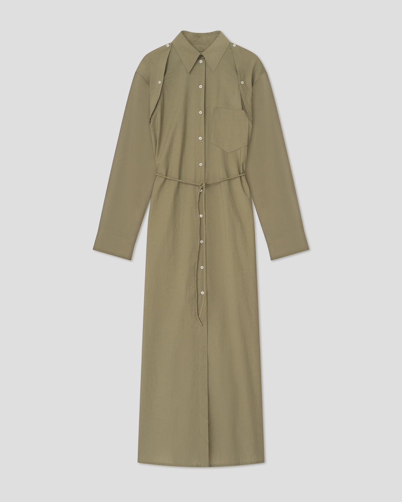 Robe-chemise maxi Erisha de Nanushka en popeline vert mousse, boutonnage complet et cordelette a la taille