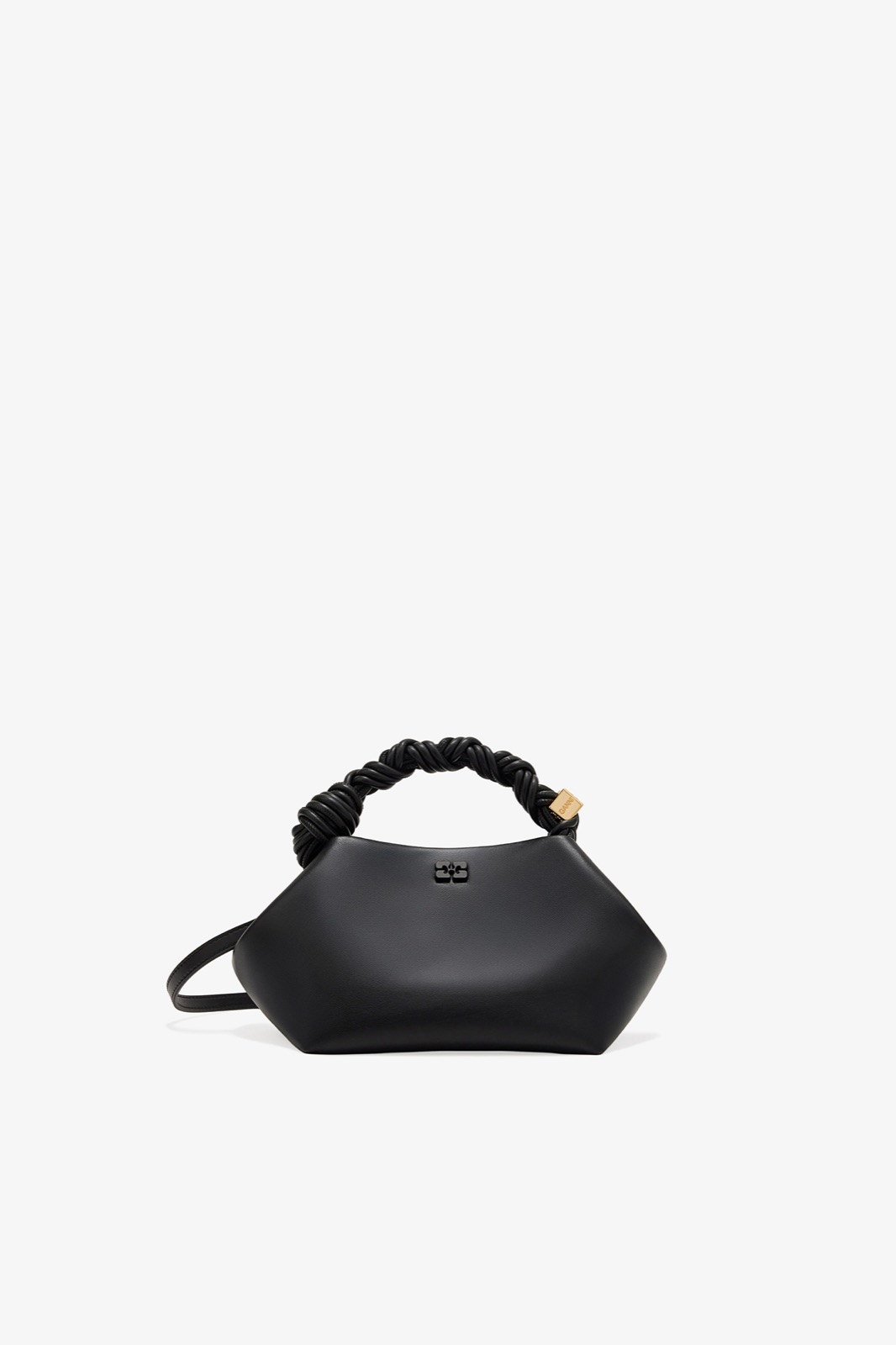 Sac Bou petit modèle de Ganni en cuir noir, anse torsadée tressée et logo papillon