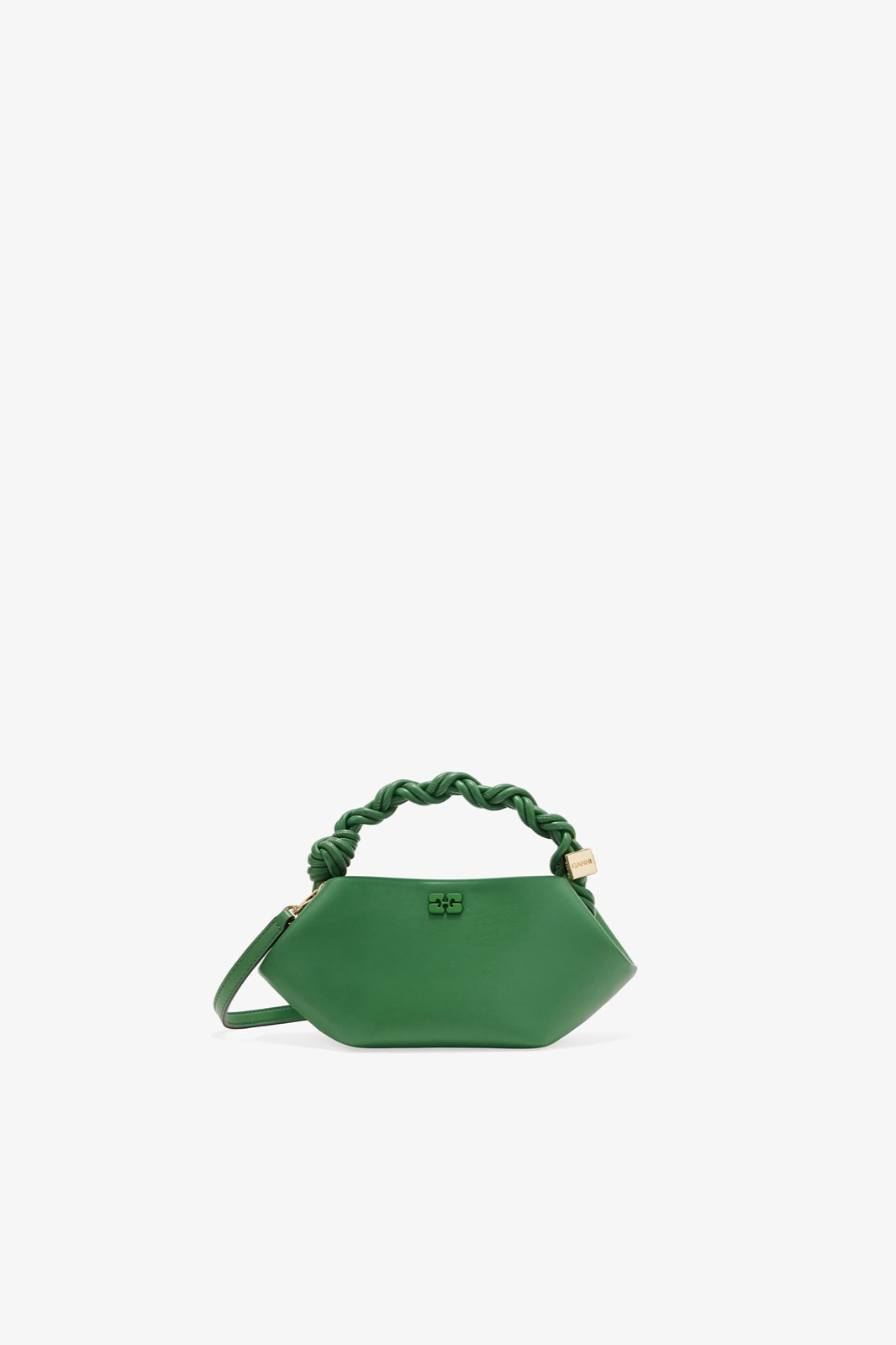 Mini Bou Bag Ganni en cuir recyclé vert feuillage, forme hexagonale, anse tressée nouée à la main et bandoulière amovible