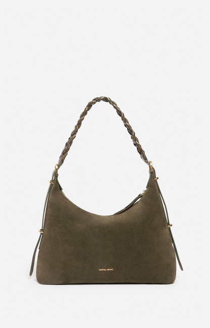 Petit sac hobo Jess de Vanessa Bruno en cuir suédé kaki, anse tressée à la main et finitions dorées