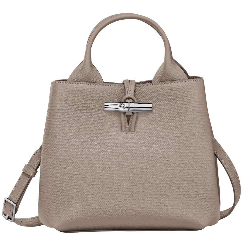 Sac à main Le Roseau S de Longchamp en cuir grainé taupe Argile avec fermoir Bambou argenté et bandoulière