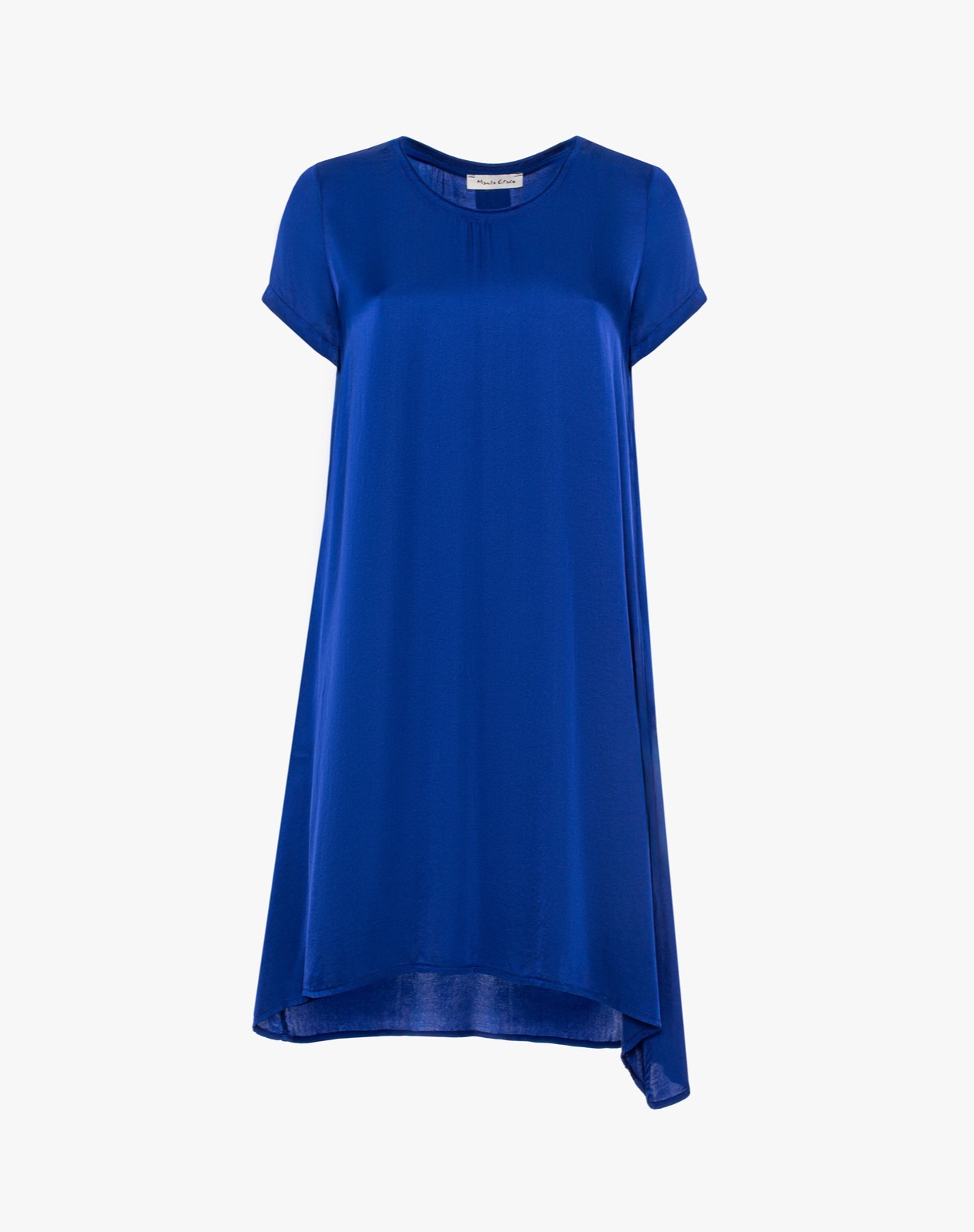 Robe tunique en satin bleu roi Manila Grace, manches courtes, col rond et ourlet asymétrique