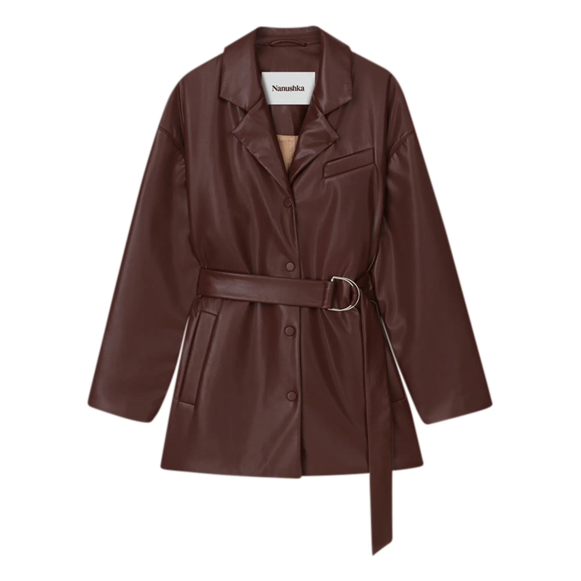 Veste Liban de Nanushka en cuir vegan brun chocolat, col cranté et ceinture nouée