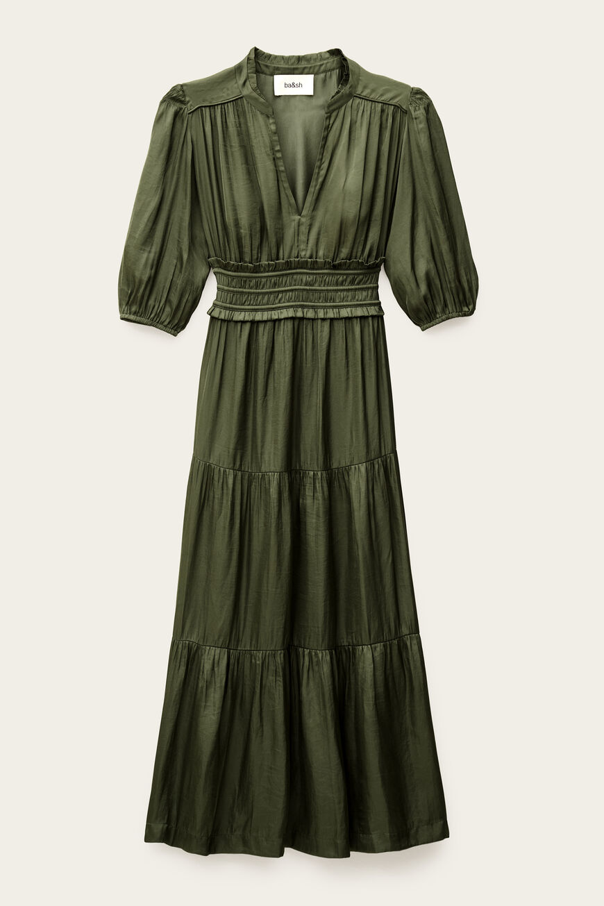 Robe longue Cleli de ba&sh en satin vert kaki, décolleté en V, taille froncée et jupe à volants
