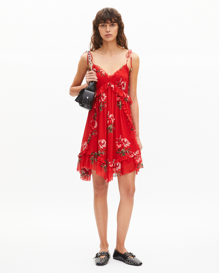 Robe courte rouge à imprimé fleuri The Kooples, coupe évasée à volants et fines bretelles