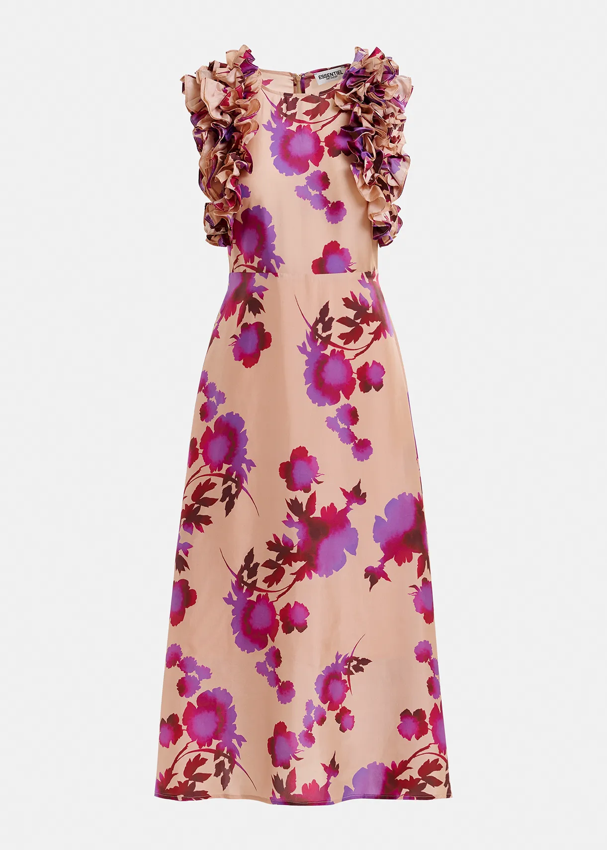 Robe mi-longue en soie imprimée de fleurs rose et pourpre avec volants aux épaules, Hancun d'Essentiel Antwerp