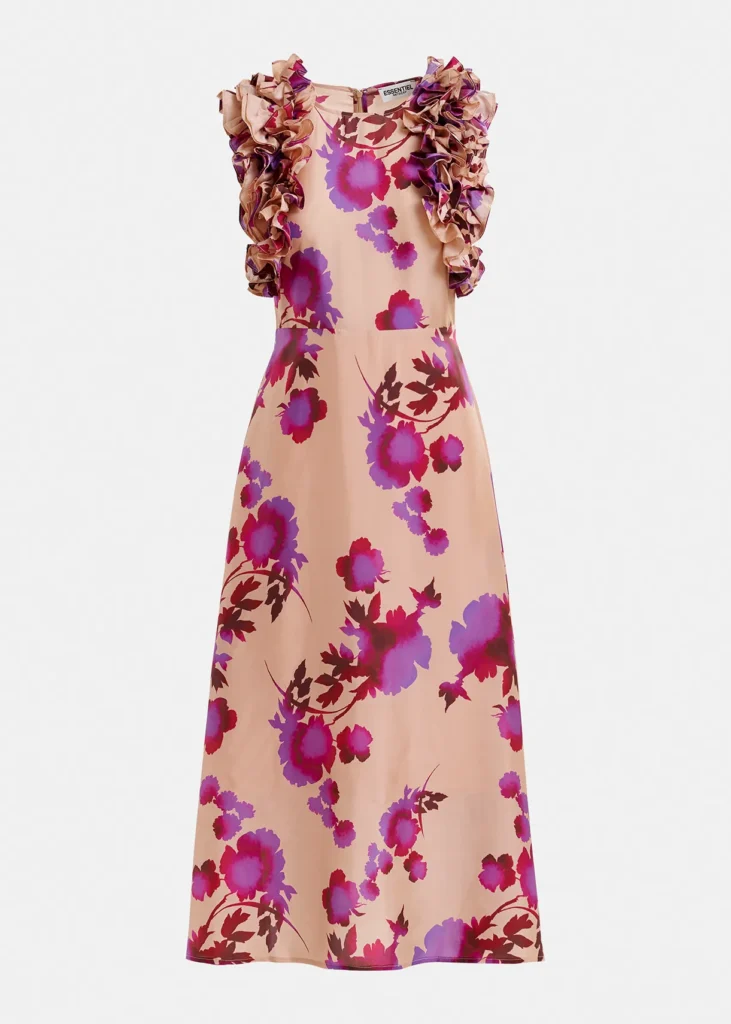 Robe midi Hancun en soie imprimée fleurie rose et fuchsia avec volants aux épaules, Essentiel Antwerp