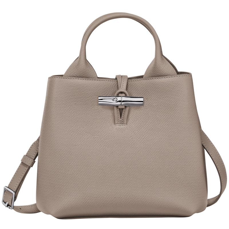 Sac à main Le Roseau S de Longchamp en cuir de vachette grainé couleur argile, avec fermoir Bambou argenté et bandoulière