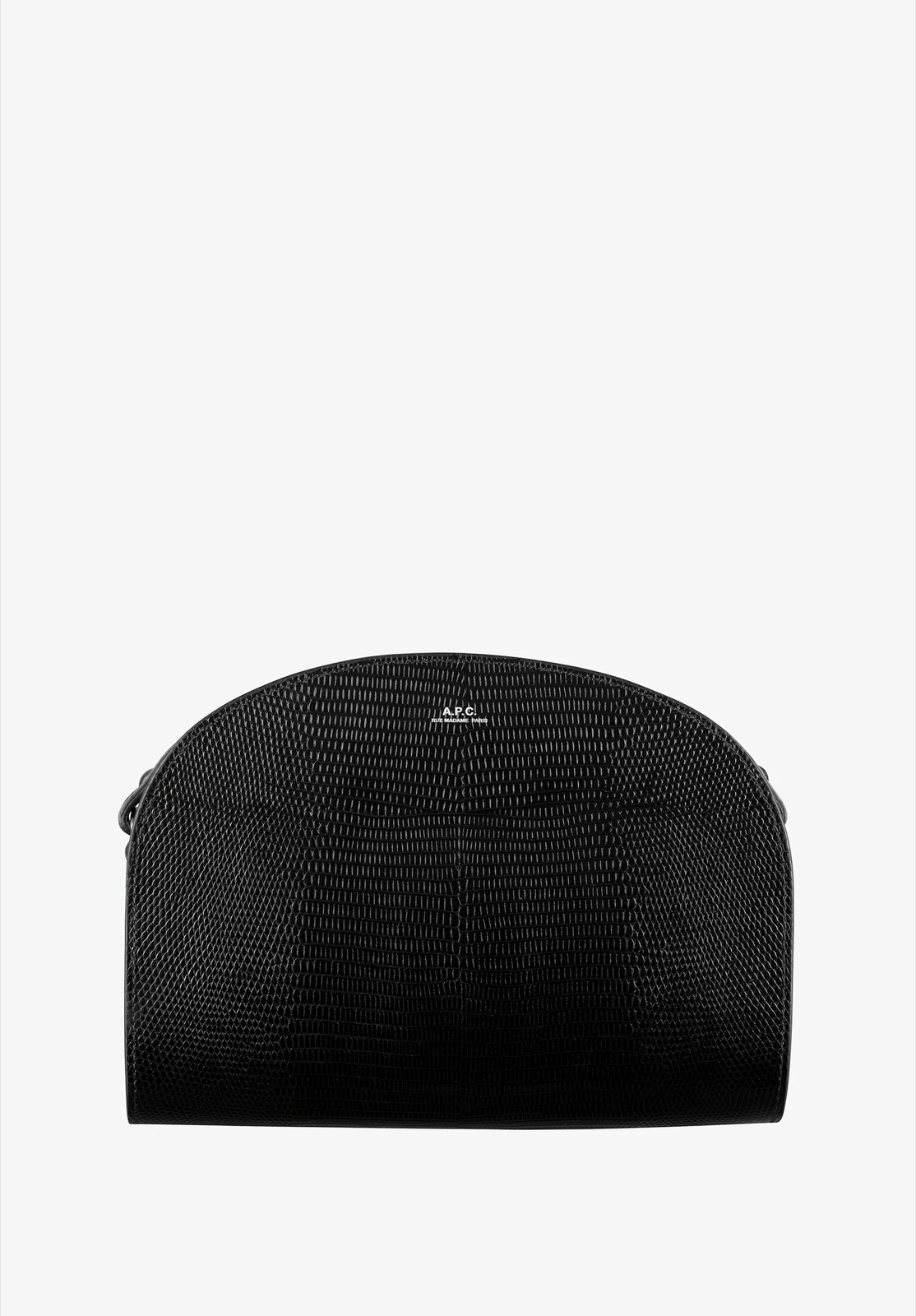 Sac Demi-Lune A.P.C. en cuir noir estampé façon lézard, forme demi-cercle, logo A.P.C. Rue Madame Paris