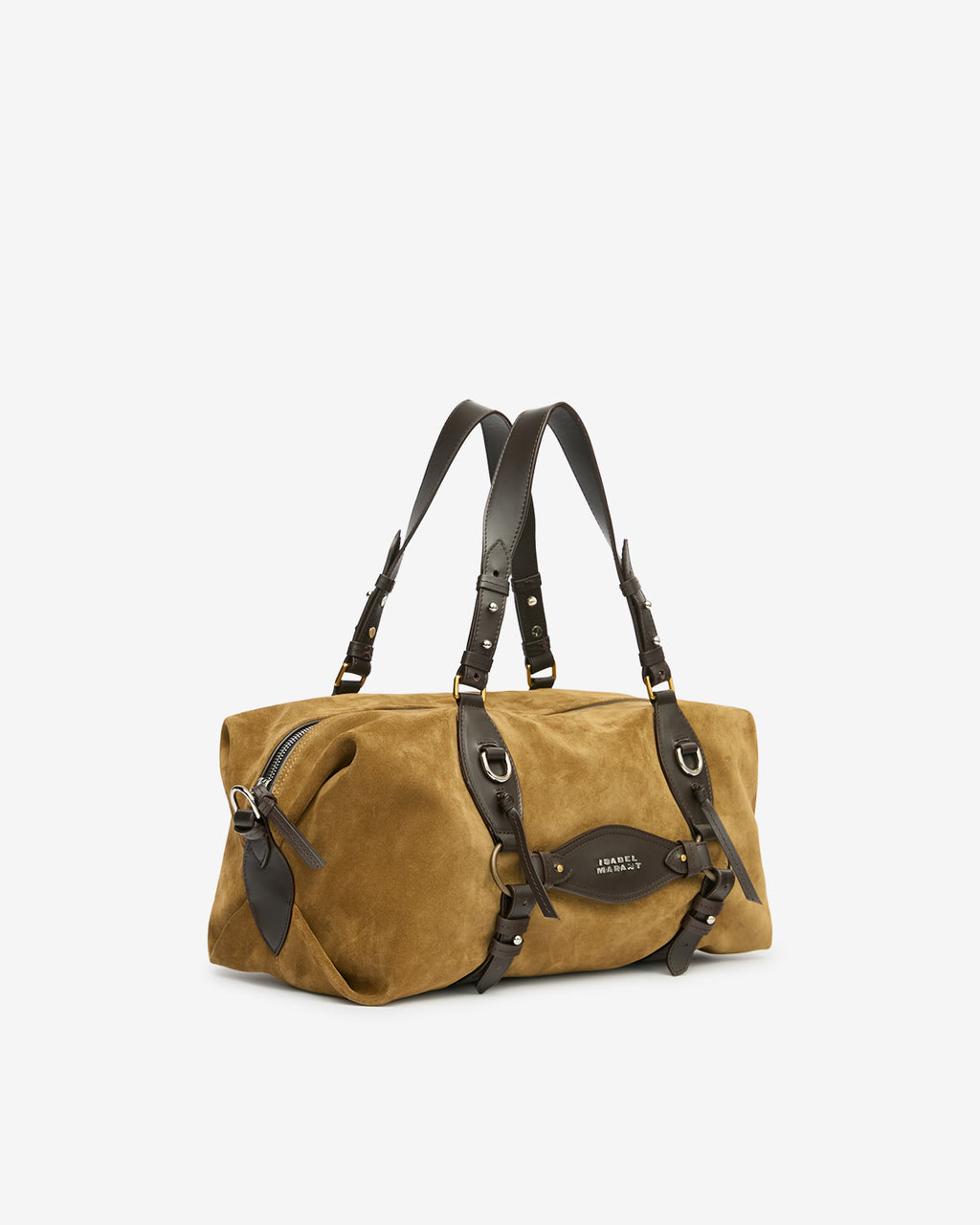 Sac Tilpa d'Isabel Marant en daim taupe avec lanières de cuir chocolat façon harnais