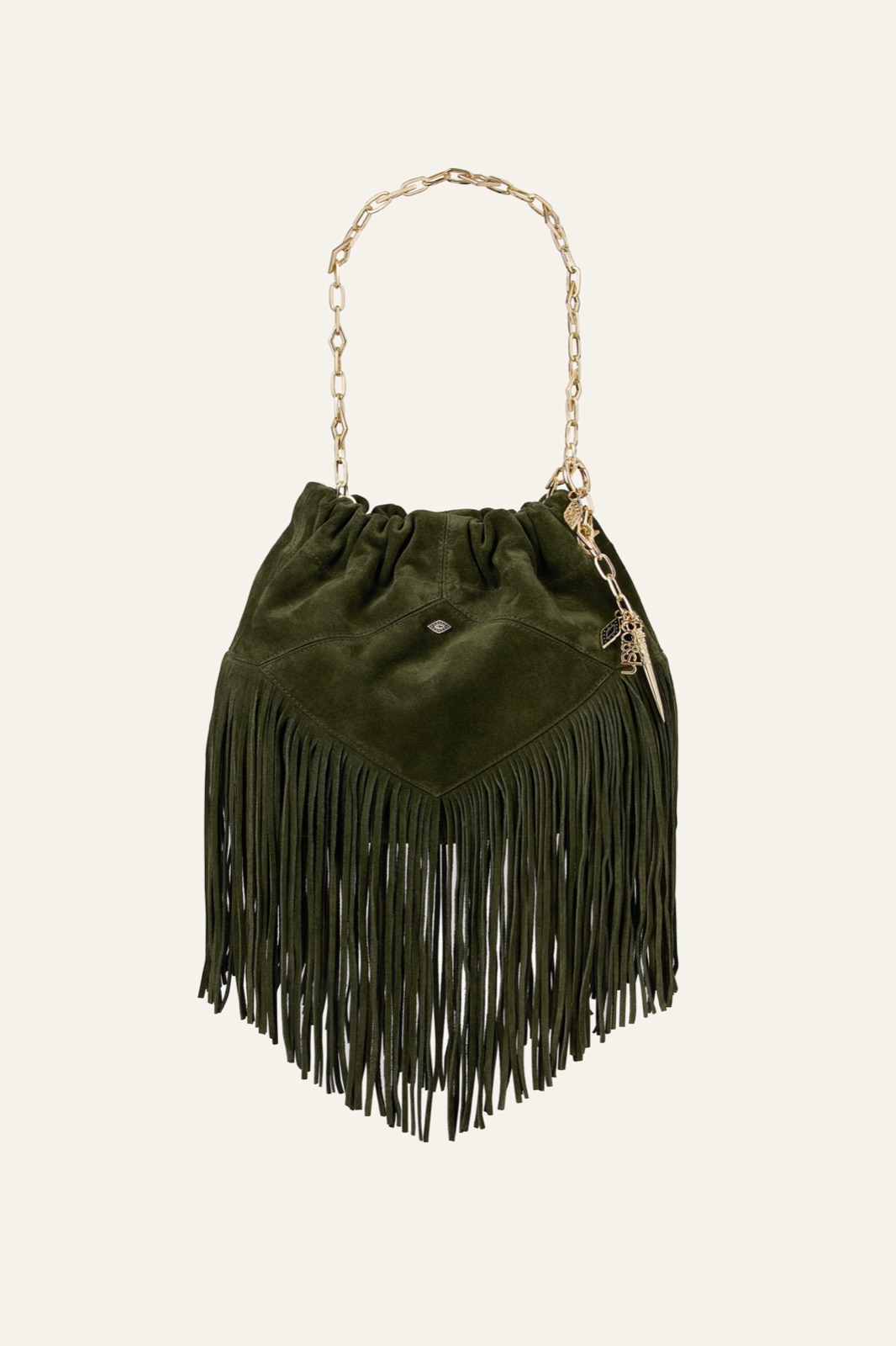 Mini sac tote June de ba&sh en cuir suédé vert bouteille, franges, chaîne dorée et charms