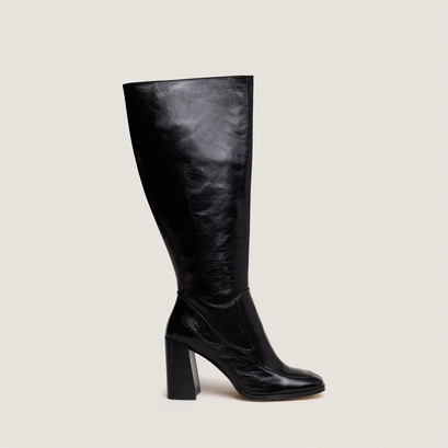 Botte haute Vaubane de Jonak en cuir vieilli noir, bout carré et talon carré de 9 cm