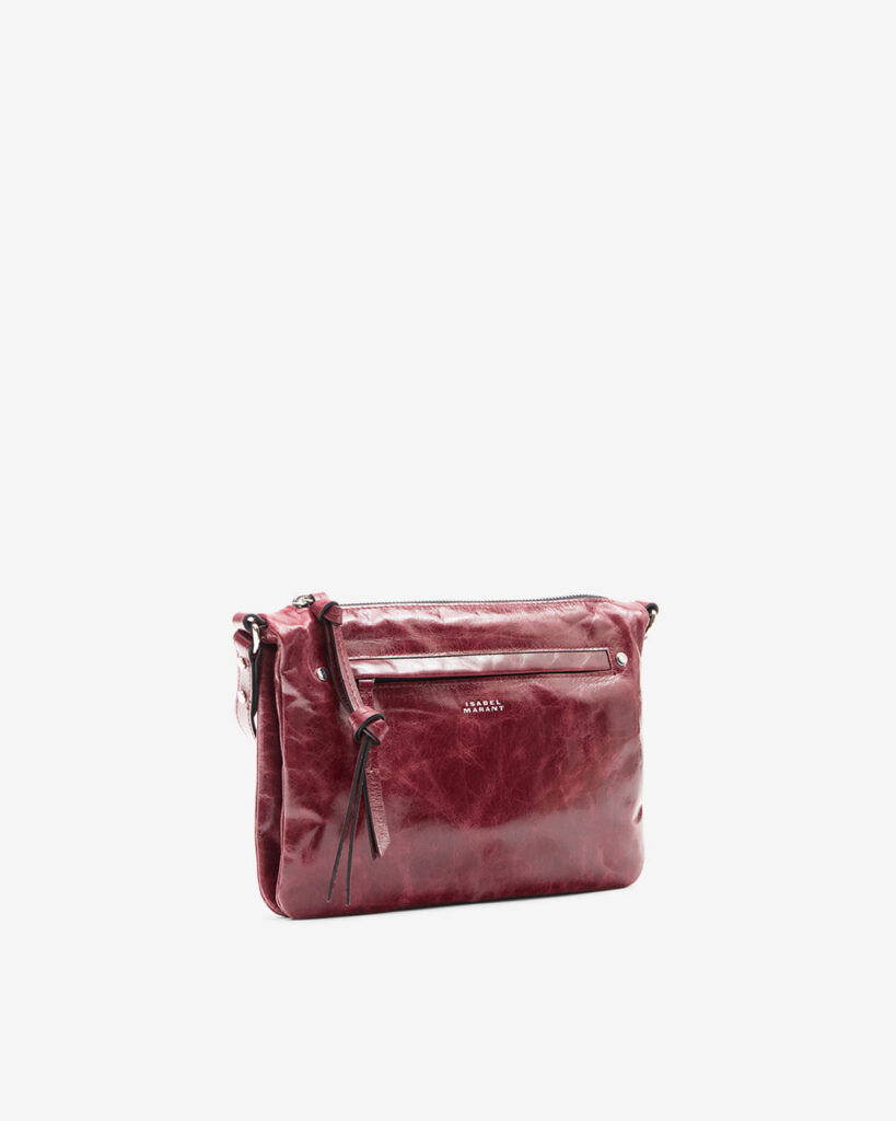 Sac Winna d'Isabel Marant en cuir bordeaux brillant, format double pochette avec bandoulière