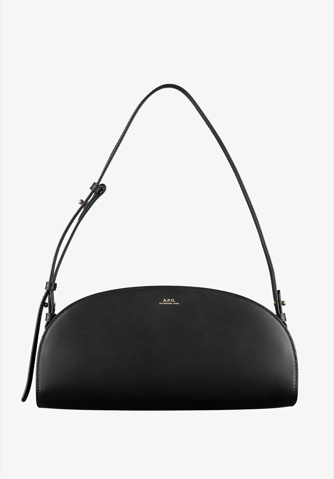 Sac Demi-Lune Shoulder d'A.P.C. en cuir de veau noir, forme demi-lune allongee avec bandouliere reglable et logo dore
