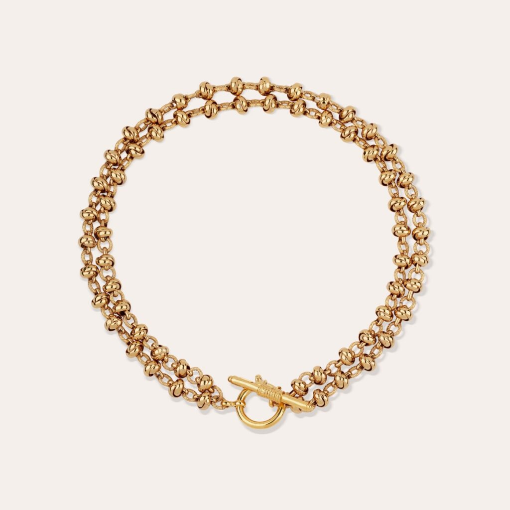 Collier Atik double rang en métal doré à l'or fin, maillons lisses et gravés, fermoir barrette, Gas Bijoux