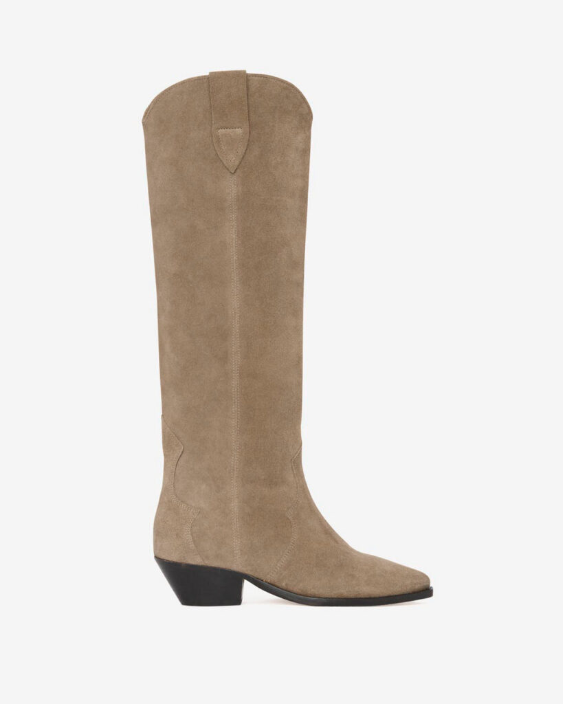 Botte haute Denvee d'Isabel Marant en cuir de veau velours taupe, bout pointu et talon cubain