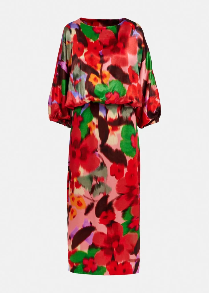 Robe midi Foreva d'Essentiel Antwerp en viscose à imprimé floral aquarelle rouge, vert et rose, manches chauve-souris trois-quarts