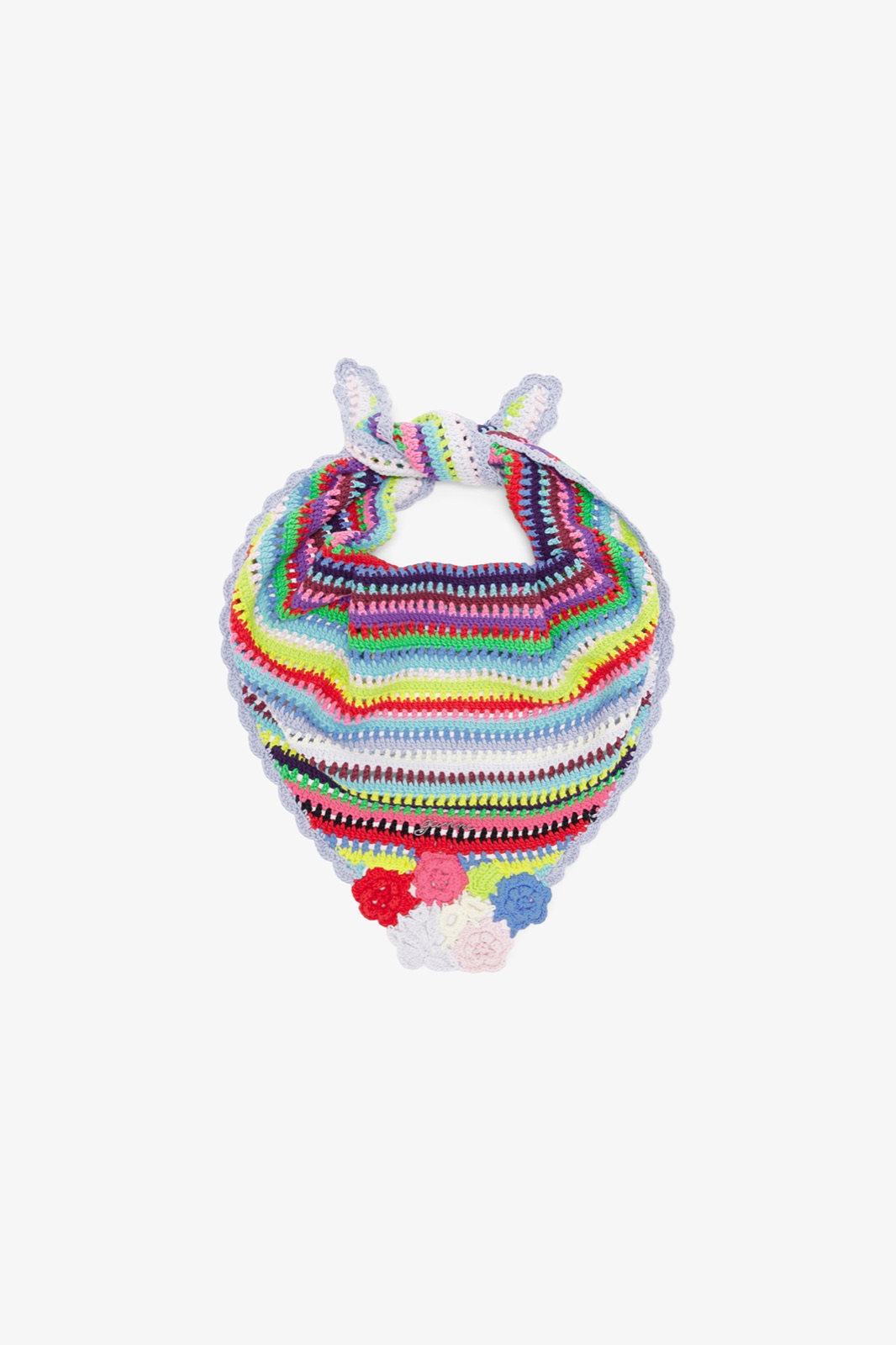 Écharpe bandana en crochet à rayures multicolores avec fleurs et bord festonné, Ganni