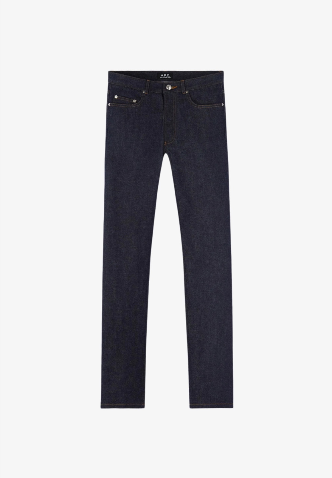 Jean Standard A.P.C. en denim brut indigo, coupe droite taille haute, surpiqûres caramel
