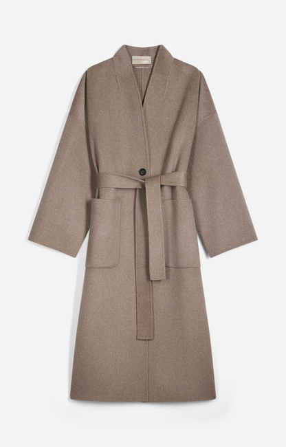 Manteau Bachir de Vanessa Bruno, long manteau oversize en laine taupe avec ceinture à nouer