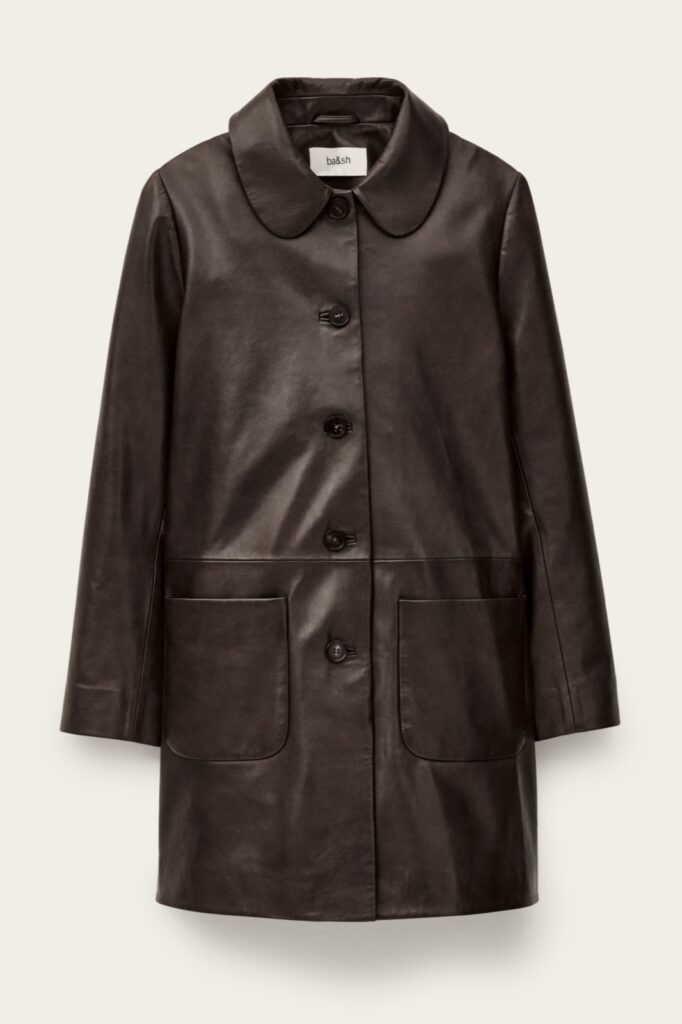 Manteau trois-quarts Madie de ba&sh en cuir brun, col arrondi et deux poches plaquées