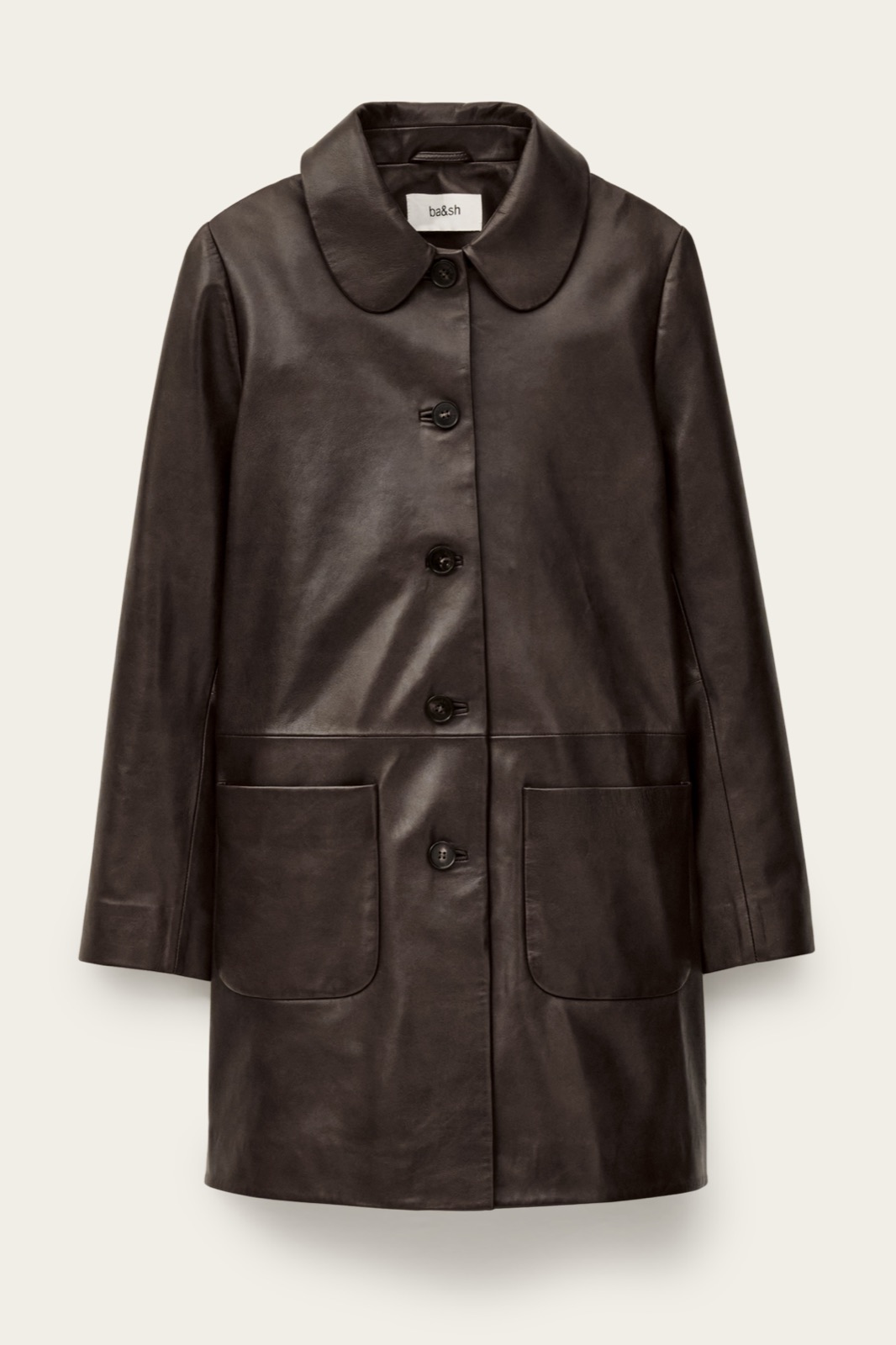 Manteau trois-quarts Madie de ba&sh en cuir brun, col arrondi et deux poches plaquées