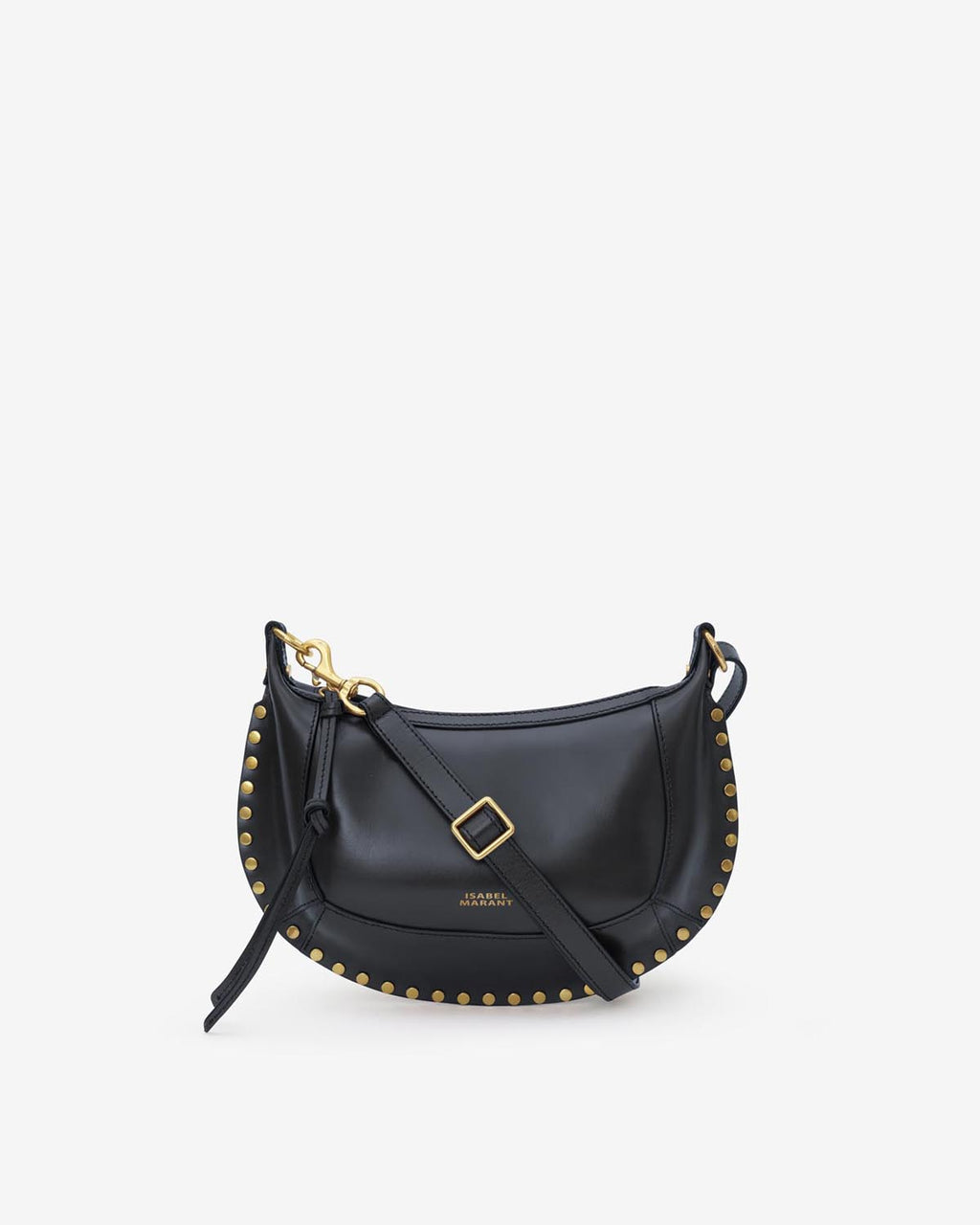 Sac Oskan Moon d'Isabel Marant en cuir de veau noir, forme demi-lune bordée de clous dorés, bandoulière ajustable