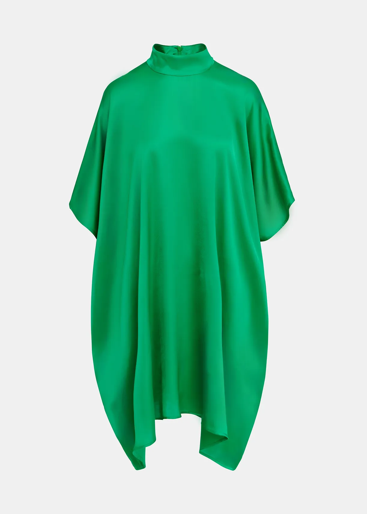 Robe mi-longue drapée en satin vert, coupe oversize, col montant et manches trois-quarts, Essentiel Antwerp