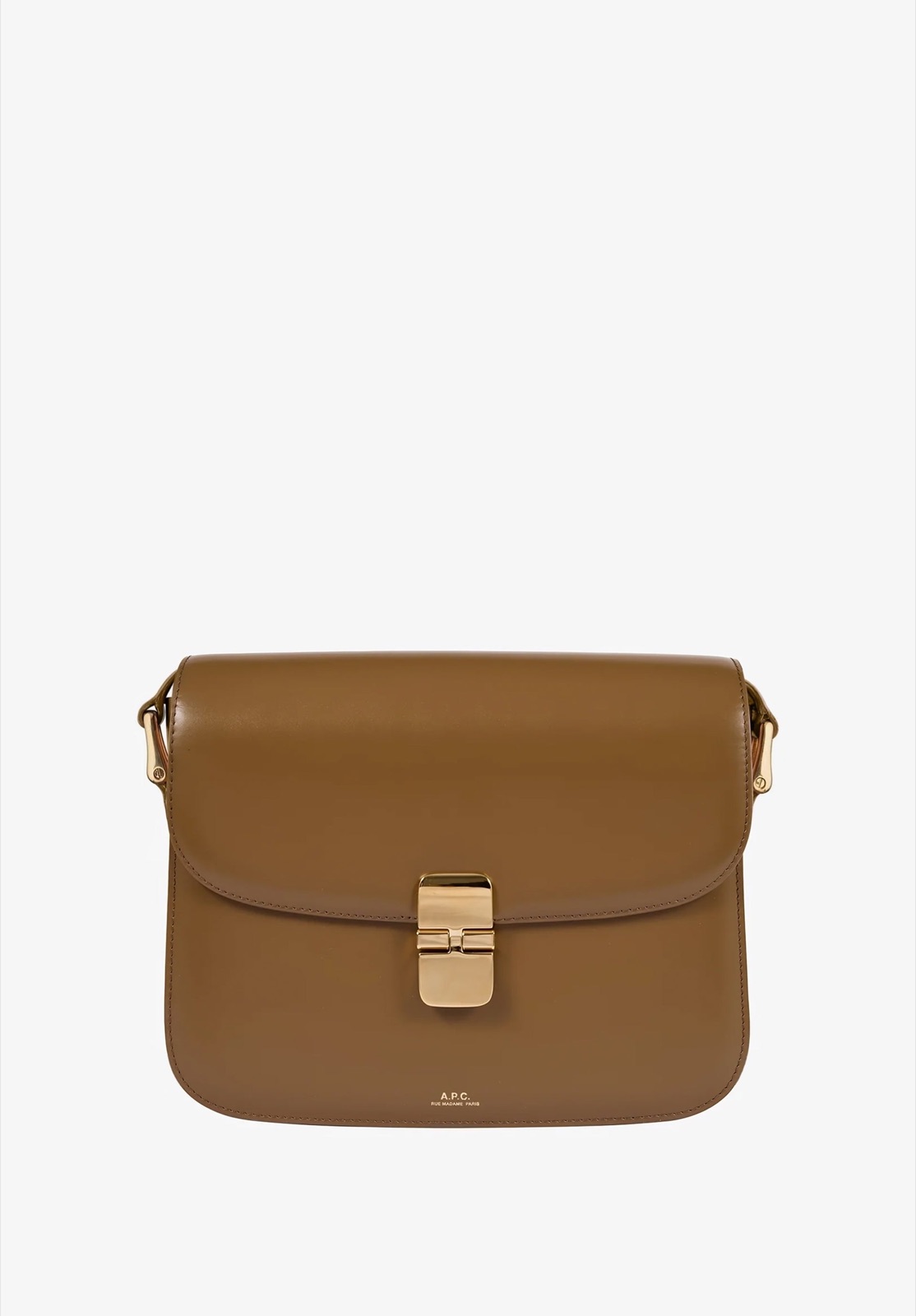 Sac Grace d'A.P.C. en cuir de veau lisse caramel avec fermoir doré et bandoulière réglable