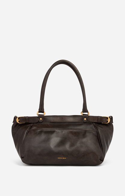 Grand Sac Lune en cuir de vachette café à effet vintage, anses en cuir et boucles latérales dorées, Vanessa Bruno