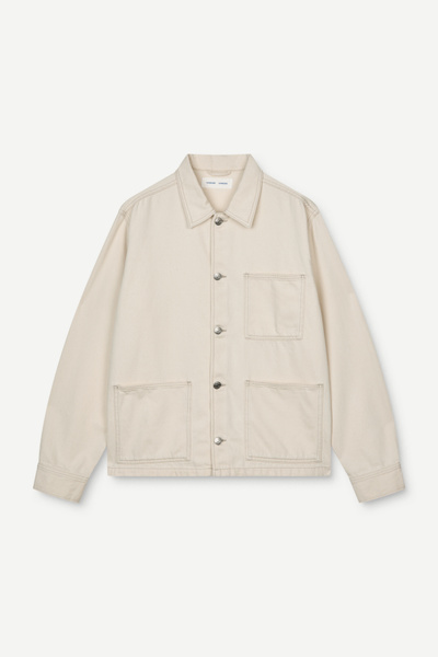 Veste de travail Sachore de Samsøe Samsøe en denim écru, coupe droite, trois poches plaquées et boutons métalliques