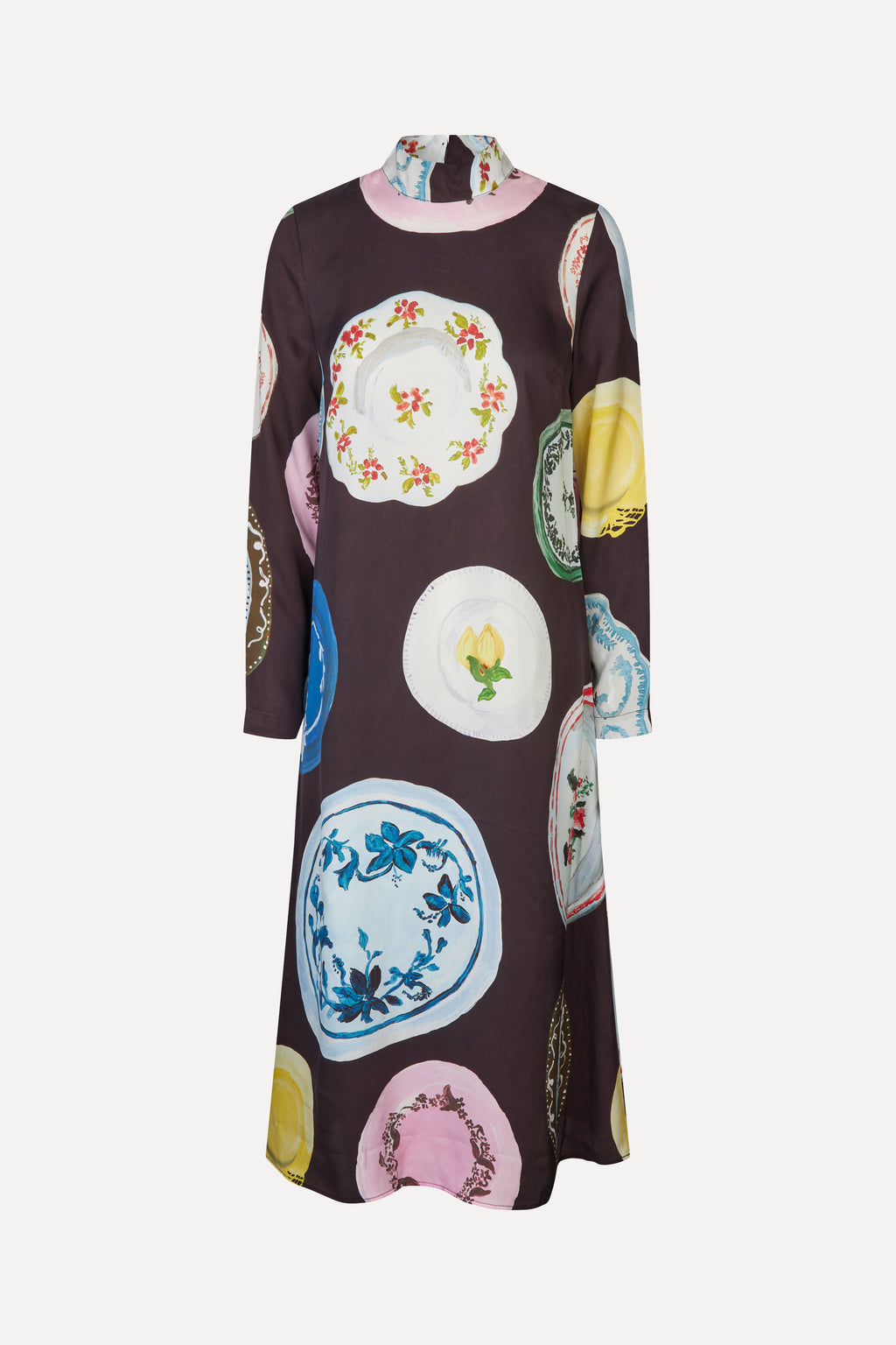 Robe midi Stine Goya The Platera brun foncé, col montant et manches longues, imprimee d'assiettes en porcelaine peintes a la main